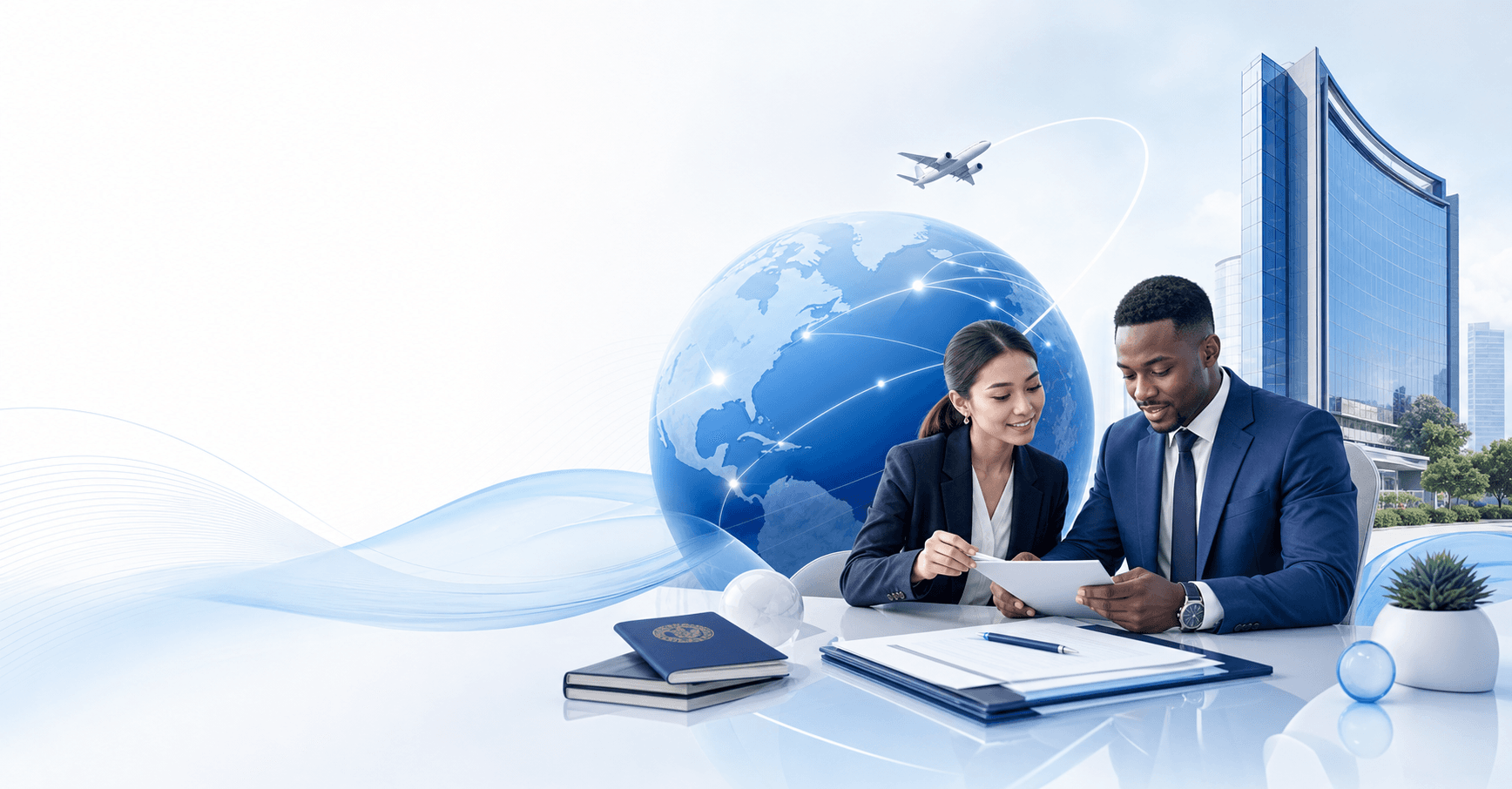 International visa and business consultants reviewing documents beside a global network